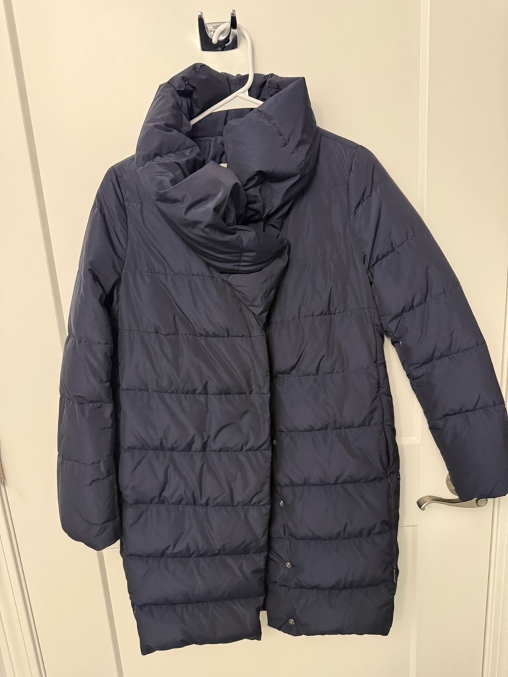 Moncler Midnight Blue Quilted Long Puffer Coat with High Funnel Collar